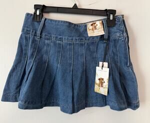 Sincerely Jules Sz L Pleated Short Denim Mini Skirt Blue Med. Wash NWT